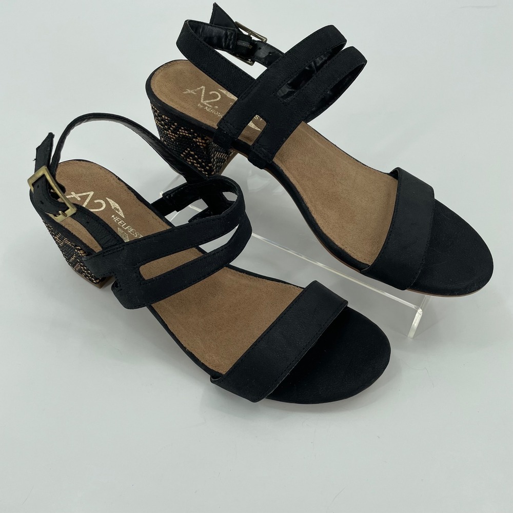 A2 Aerosoles Womens Sandals 8 Black EUC Heelrest Block Heel Woven Detail Strappy